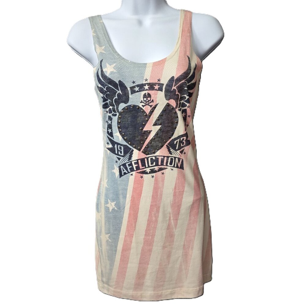 Affliction Heart Breaker Tank Dress S Stretch Studs Patriotic USA Flag MMA Style